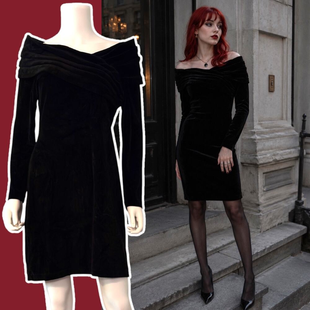 Vtg 90s Black Velvet Off Shoulder Coctail Dress Size 10 Glam Whimsigoth Grunge